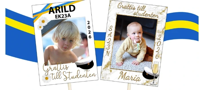 Två exempel på studentskyltar med barnfoton: en med blå och gul dekor och en med marmormönster och guldtext